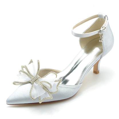 Women's Silk Satin With Ankle Strap Bowknot Closed Toe Stiletto Heel Wedding Shoes