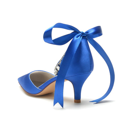 Women's Silk Satin With Ankle Strap Lace-up Rhinestone Closed Toe Stiletto Heel Wedding Shoes