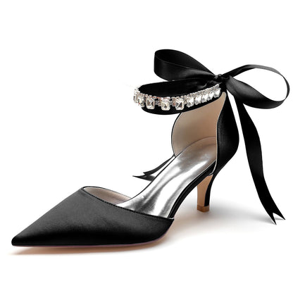 Women's Silk Satin With Ankle Strap Lace-up Rhinestone Closed Toe Stiletto Heel Wedding Shoes