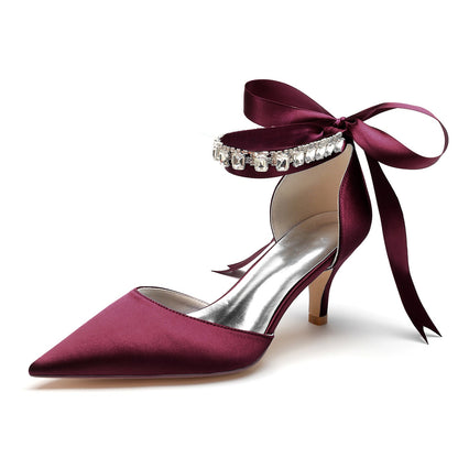 Women's Silk Satin With Ankle Strap Lace-up Rhinestone Closed Toe Stiletto Heel Wedding Shoes