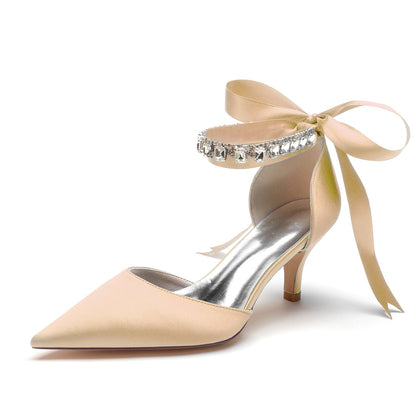 Women's Silk Satin With Ankle Strap Lace-up Rhinestone Closed Toe Stiletto Heel Wedding Shoes