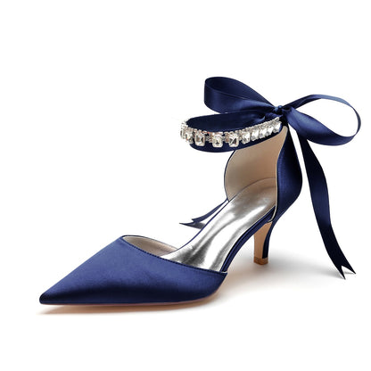 Women's Silk Satin With Ankle Strap Lace-up Rhinestone Closed Toe Stiletto Heel Wedding Shoes