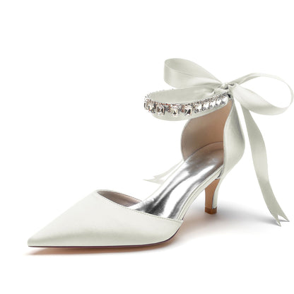 Women's Silk Satin With Ankle Strap Lace-up Rhinestone Closed Toe Stiletto Heel Wedding Shoes