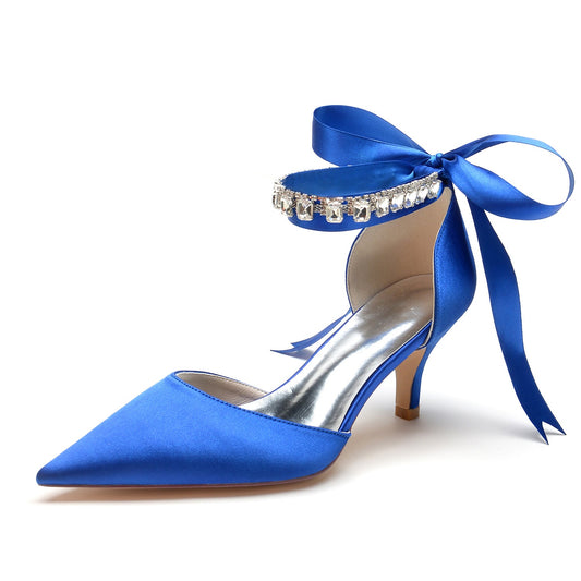 Women's Silk Satin With Ankle Strap Lace-up Rhinestone Closed Toe Stiletto Heel Wedding Shoes