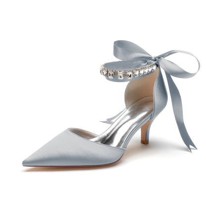 Women's Silk Satin With Ankle Strap Lace-up Rhinestone Closed Toe Stiletto Heel Wedding Shoes