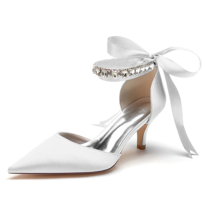 Women's Silk Satin With Ankle Strap Lace-up Rhinestone Closed Toe Stiletto Heel Wedding Shoes