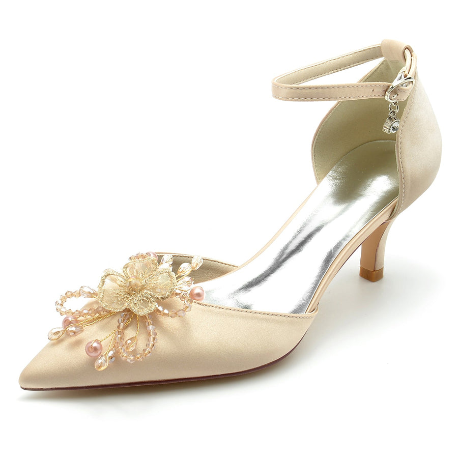 Women's Silk Satin With Ankle Strap Bowknot Rhinestone Closed Toe Stiletto Heel Wedding Shoes