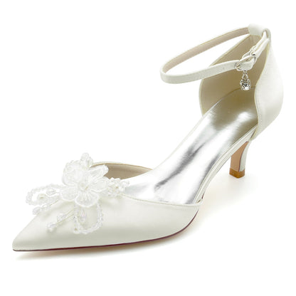 Women's Silk Satin With Ankle Strap Bowknot Rhinestone Closed Toe Stiletto Heel Wedding Shoes