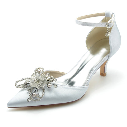 Women's Silk Satin With Ankle Strap Bowknot Rhinestone Closed Toe Stiletto Heel Wedding Shoes