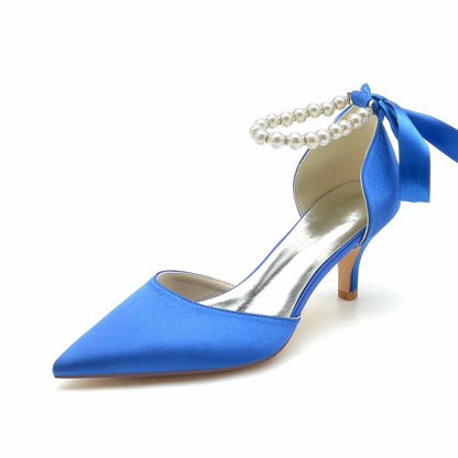 Women's Silk Satin With Lace-up Pearl Ankle Strap Closed Toe Stiletto Heel Party Shoes