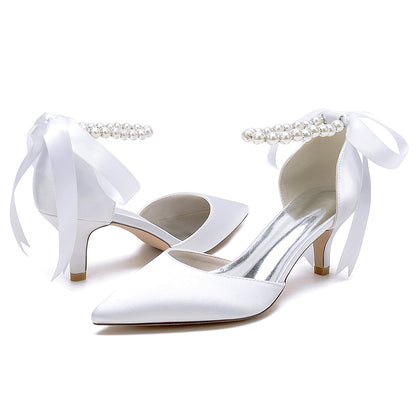 Women's Silk Satin With Lace-up Pearl Closed Toe Ankle Strap Stiletto Heel Wedding Shoes