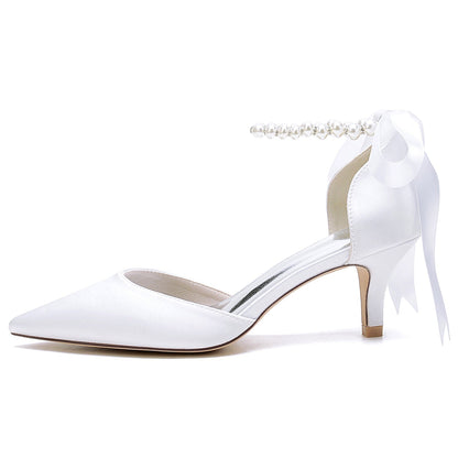 Women's Silk Satin With Lace-up Pearl Closed Toe Ankle Strap Stiletto Heel Wedding Shoes