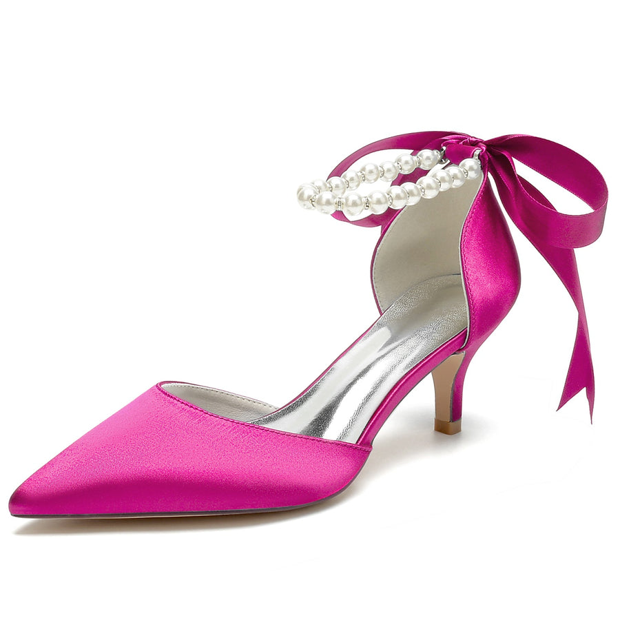 Women's Silk Satin With Lace-up Pearl Closed Toe Ankle Strap Stiletto Heel Wedding Shoes