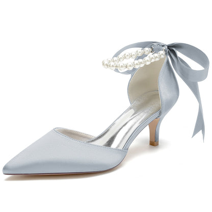 Women's Silk Satin With Lace-up Pearl Closed Toe Ankle Strap Stiletto Heel Wedding Shoes