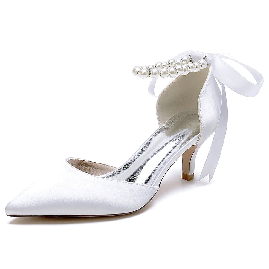 Women's Silk Satin With Lace-up Pearl Closed Toe Ankle Strap Stiletto Heel Wedding Shoes