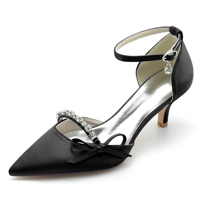 Women's Silk Satin With Ankle Strap Bowknot Rhinestone Closed Toe Stiletto Heel Evening Shoes