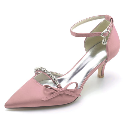 Women's Silk Satin With Ankle Strap Bowknot Rhinestone Closed Toe Stiletto Heel Evening Shoes