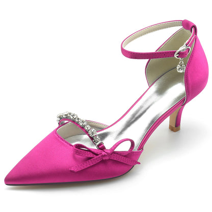 Women's Silk Satin With Ankle Strap Bowknot Rhinestone Closed Toe Stiletto Heel Evening Shoes