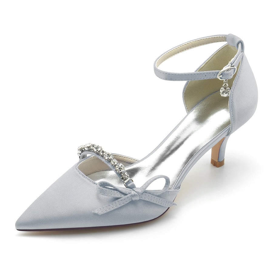 Women's Silk Satin With Ankle Strap Bowknot Rhinestone Closed Toe Stiletto Heel Evening Shoes