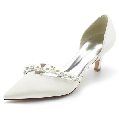 Women's Silk Satin With Pearl Closed Toe Stiletto Heel Wedding Shoes