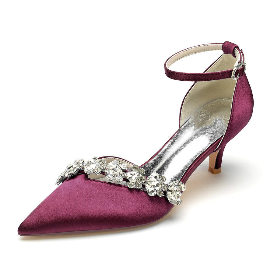 Women's Silk Satin Ankle Strap With Rhinestone Stiletto Heel Closed Toe Wedding Shoes