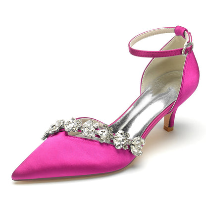 Women's Silk Satin Ankle Strap With Rhinestone Stiletto Heel Closed Toe Wedding Shoes