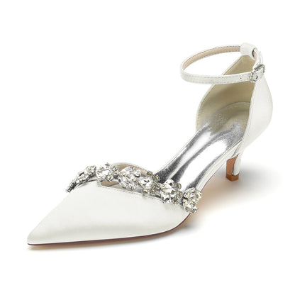 Women's Silk Satin Ankle Strap With Rhinestone Stiletto Heel Closed Toe Wedding Shoes