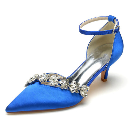 Women's Silk Satin Ankle Strap With Rhinestone Stiletto Heel Closed Toe Wedding Shoes