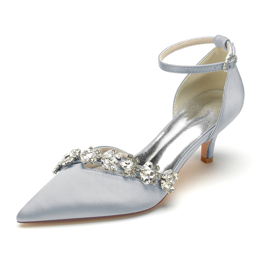 Women's Silk Satin Ankle Strap With Rhinestone Stiletto Heel Closed Toe Wedding Shoes