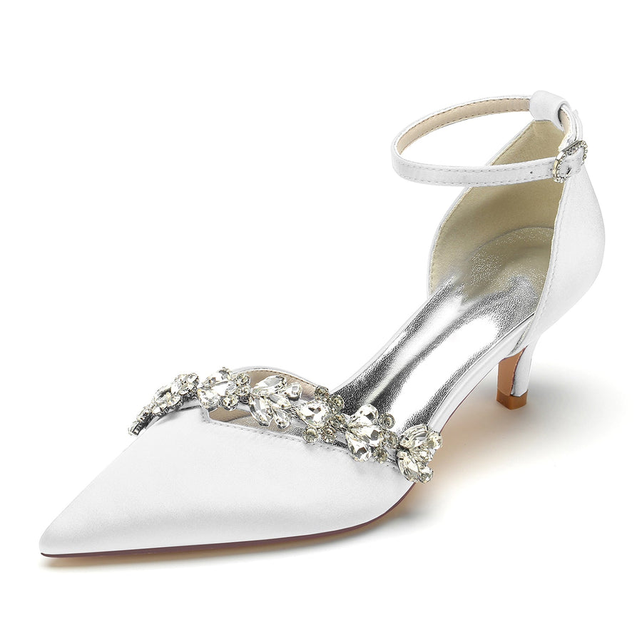 Women's Silk Satin Ankle Strap With Rhinestone Stiletto Heel Closed Toe Wedding Shoes