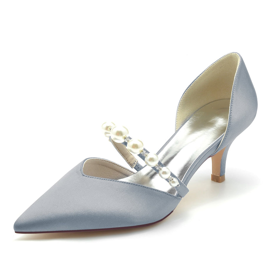 Women's Silk Satin With Pearl Closed Toe Stiletto Heel Party Shoes