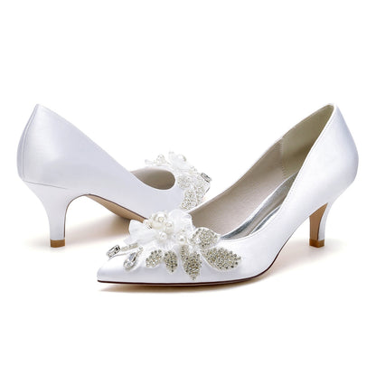 Women's Silk Satin With Closed Toe Flower Stiletto Heel Wedding Shoes