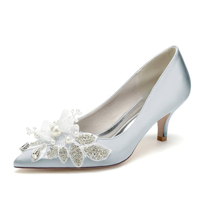 Women's Silk Satin With Closed Toe Flower Stiletto Heel Wedding Shoes