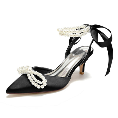 Women's Silk Satin With Ankle Strap Lace-up Pearl Closed Toe Stiletto Heel Wedding Shoes