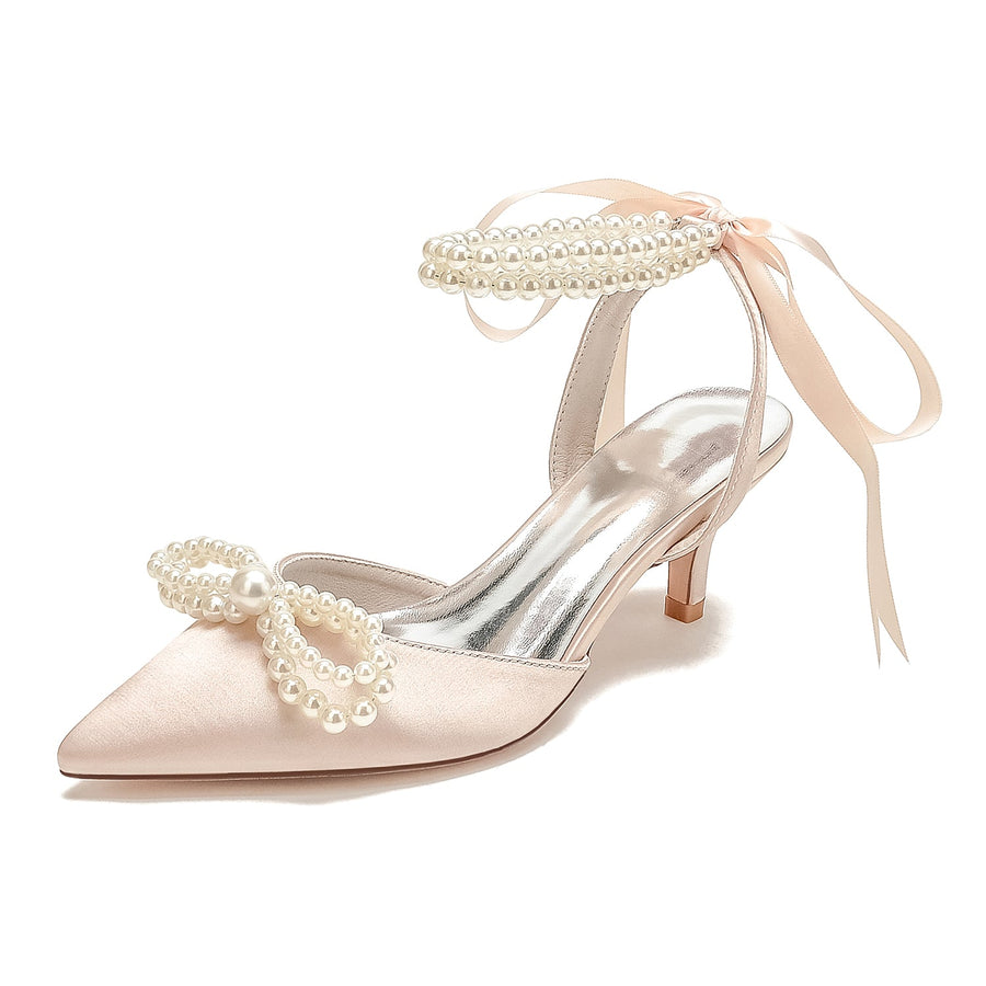 Women's Silk Satin With Ankle Strap Lace-up Pearl Closed Toe Stiletto Heel Wedding Shoes