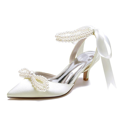 Women's Silk Satin With Ankle Strap Lace-up Pearl Closed Toe Stiletto Heel Wedding Shoes