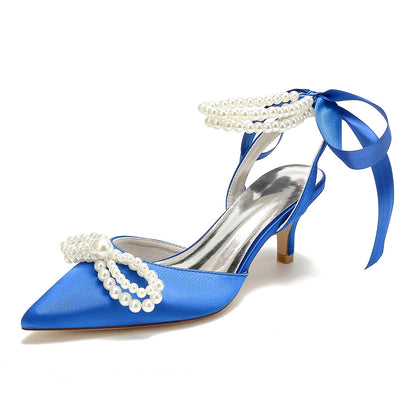 Women's Silk Satin With Ankle Strap Lace-up Pearl Closed Toe Stiletto Heel Wedding Shoes