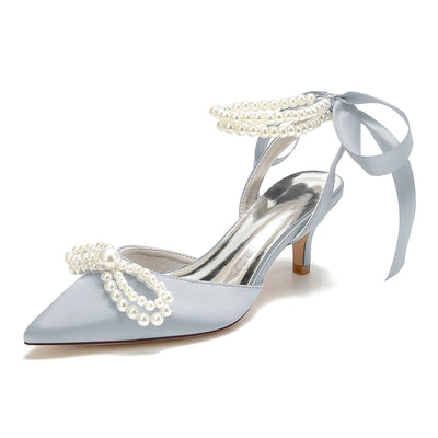 Women's Silk Satin With Ankle Strap Lace-up Pearl Closed Toe Stiletto Heel Wedding Shoes