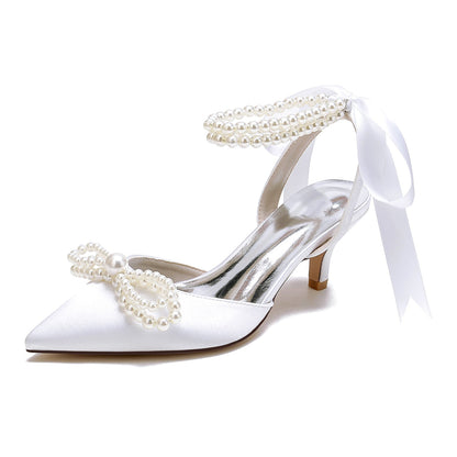 Women's Silk Satin With Ankle Strap Lace-up Pearl Closed Toe Stiletto Heel Wedding Shoes