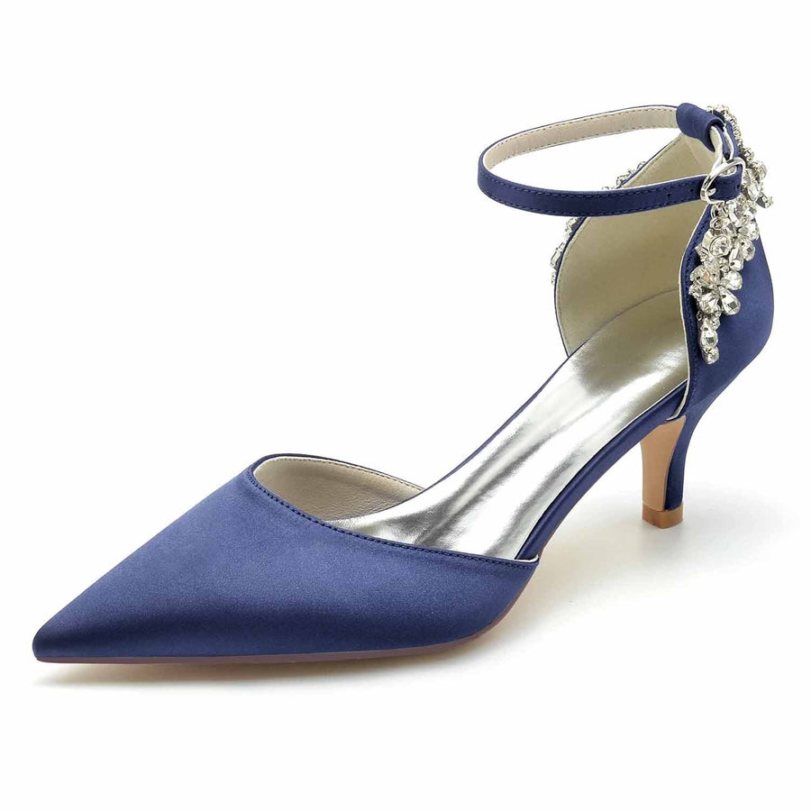 Women's Silk Satin Rhinestone Ankle Strap Closed Toe Stiletto Heel Wedding Shoes