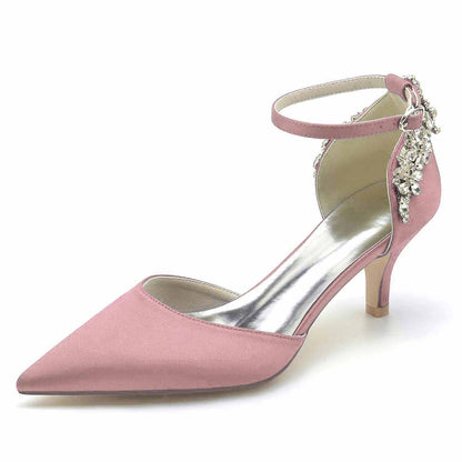 Women's Silk Satin Rhinestone Ankle Strap Closed Toe Stiletto Heel Wedding Shoes