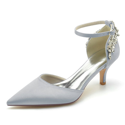 Women's Silk Satin Rhinestone Ankle Strap Closed Toe Stiletto Heel Wedding Shoes