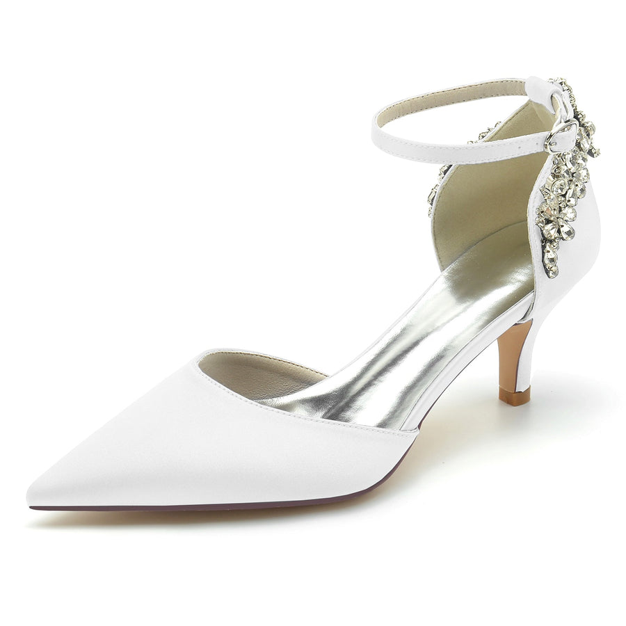 Women's Silk Satin Rhinestone Ankle Strap Closed Toe Stiletto Heel Wedding Shoes