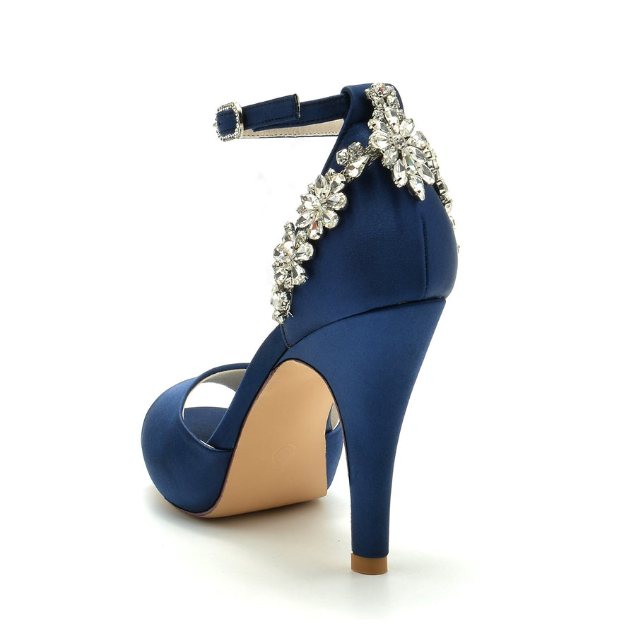 Women's Silk Satin With Rhinestone Stiletto Heel Peep Toe Ankle Strap Evening Shoes