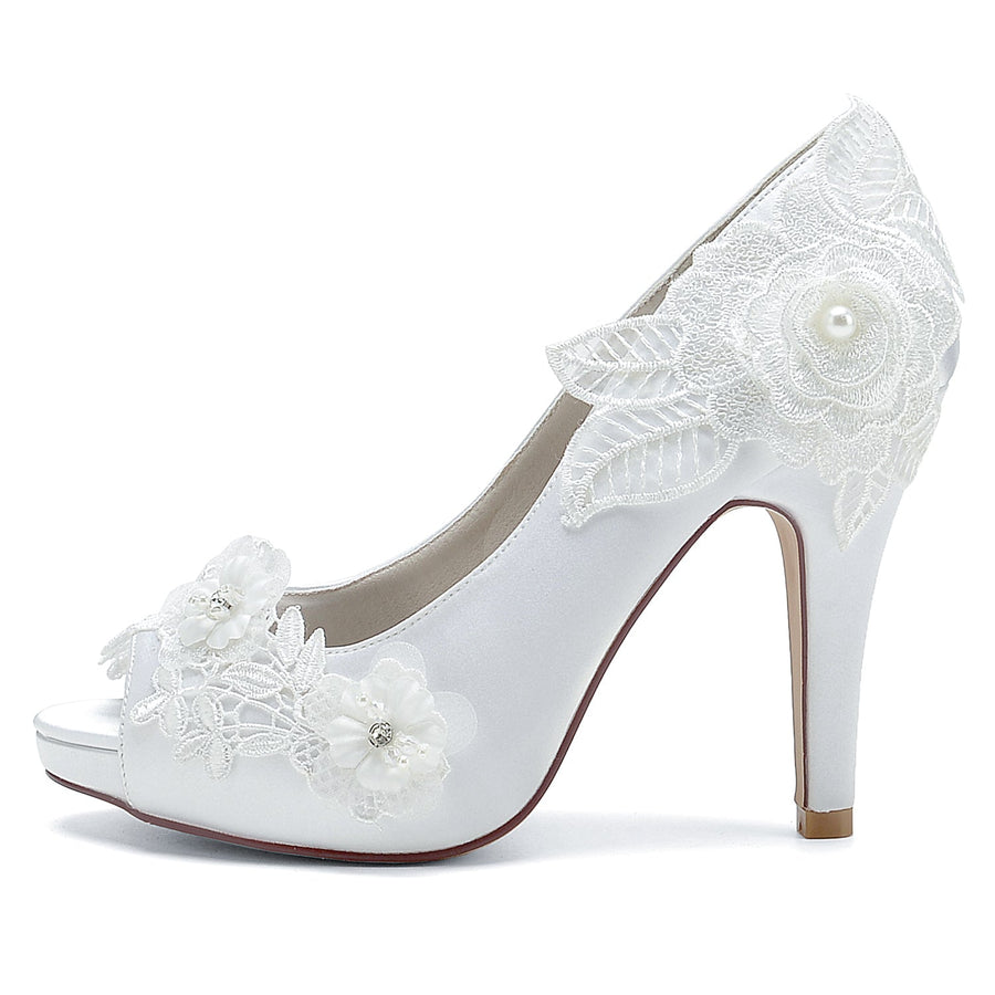 Women's Silk Satin With Flower Peep Toe Stiletto Heel Evening Shoes