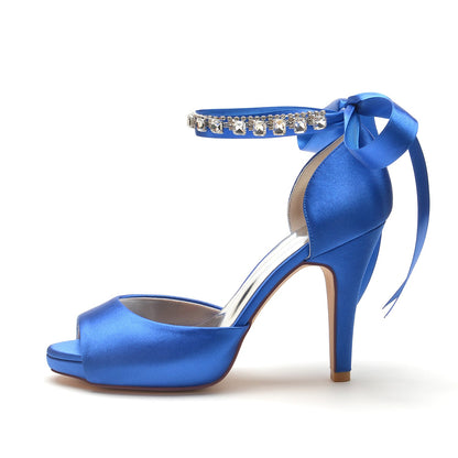 Women's Silk Satin With Ankle Strap Lace-up Rhinestone Peep Toe Stiletto Heel Evening Shoes