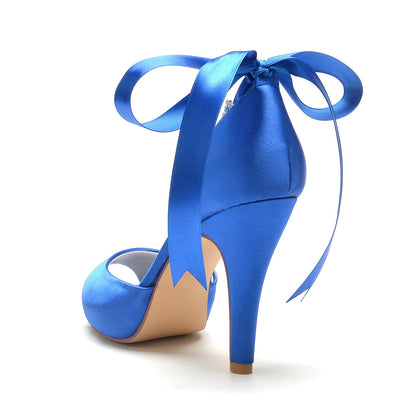 Women's Silk Satin With Ankle Strap Lace-up Rhinestone Peep Toe Stiletto Heel Evening Shoes