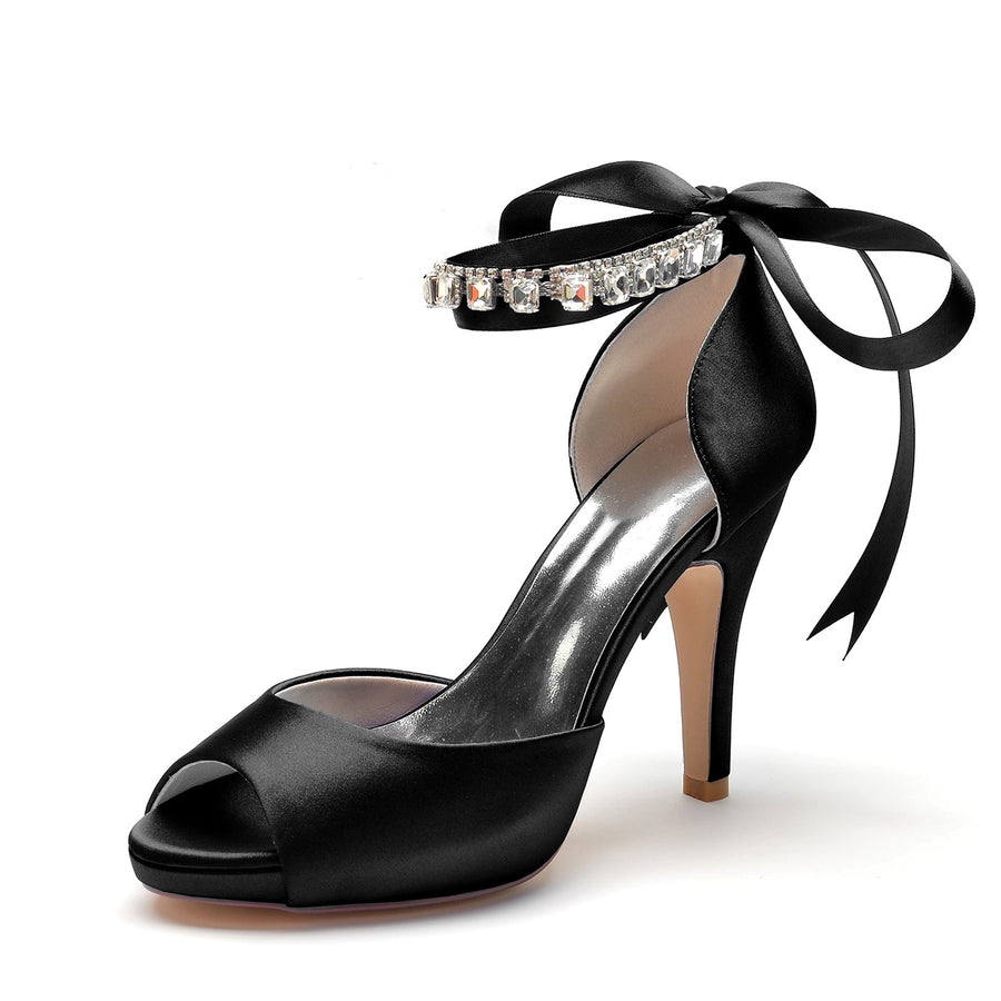 Women's Silk Satin With Ankle Strap Lace-up Rhinestone Peep Toe Stiletto Heel Evening Shoes