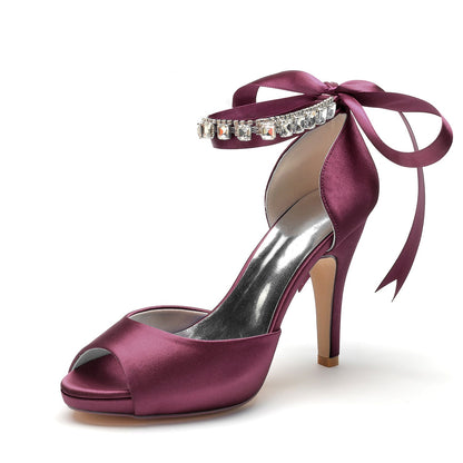 Women's Silk Satin With Ankle Strap Lace-up Rhinestone Peep Toe Stiletto Heel Evening Shoes