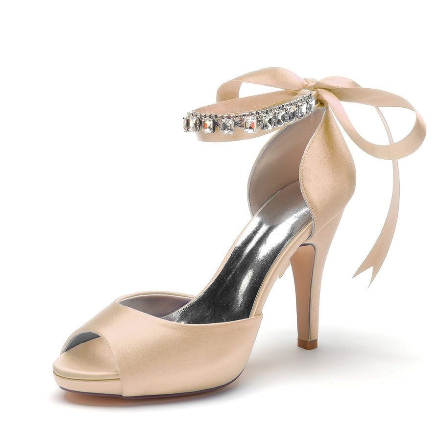 Women's Silk Satin With Ankle Strap Lace-up Rhinestone Peep Toe Stiletto Heel Evening Shoes